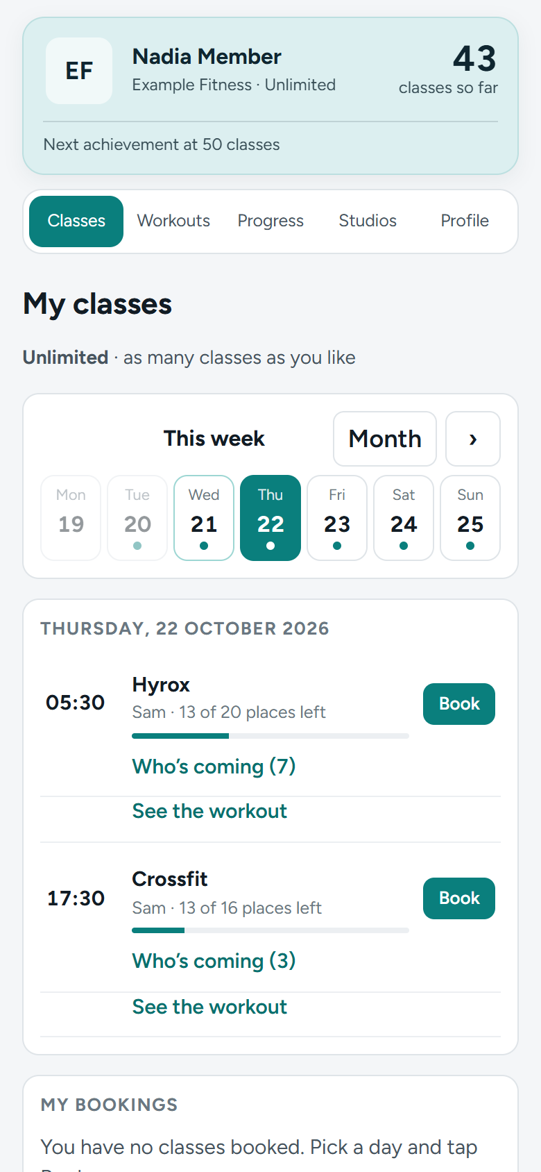 A gym member's phone: this week's classes with a Book button