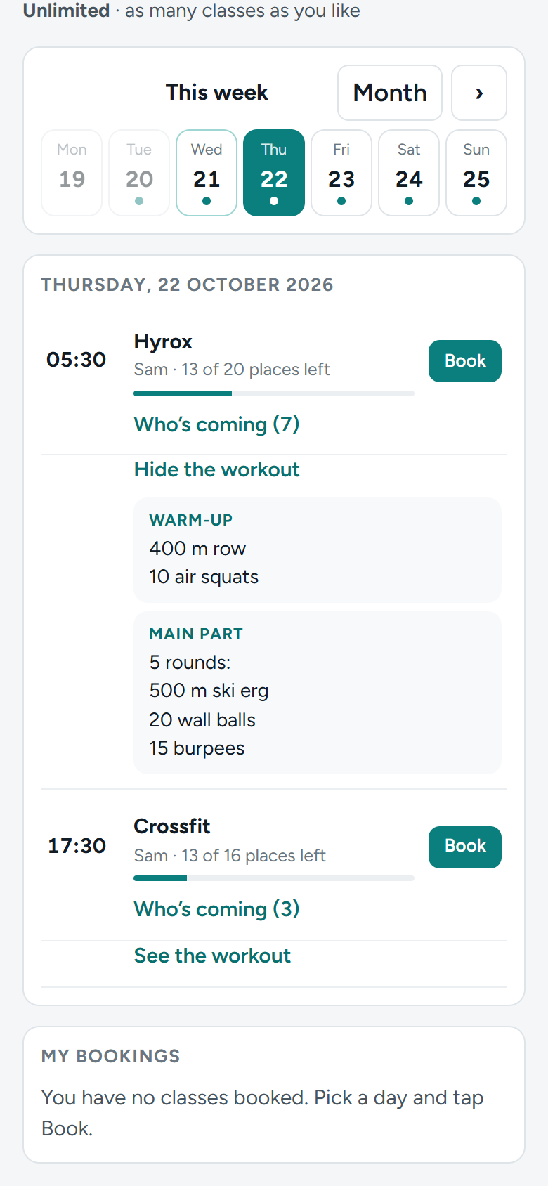 A member's phone showing the workout of a class