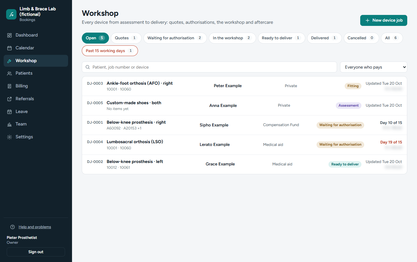 The workshop list of a made-up orthotics practice: each device job with its stage, who pays and the authorisation day count
