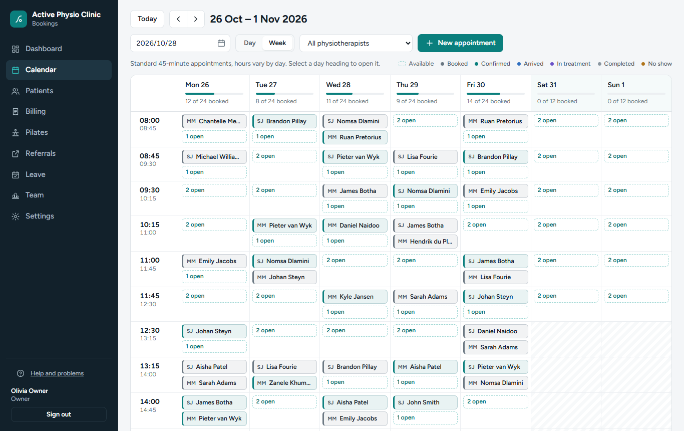 The BetterDesk week calendar of a practice: every practitioner's appointments and the open times to book