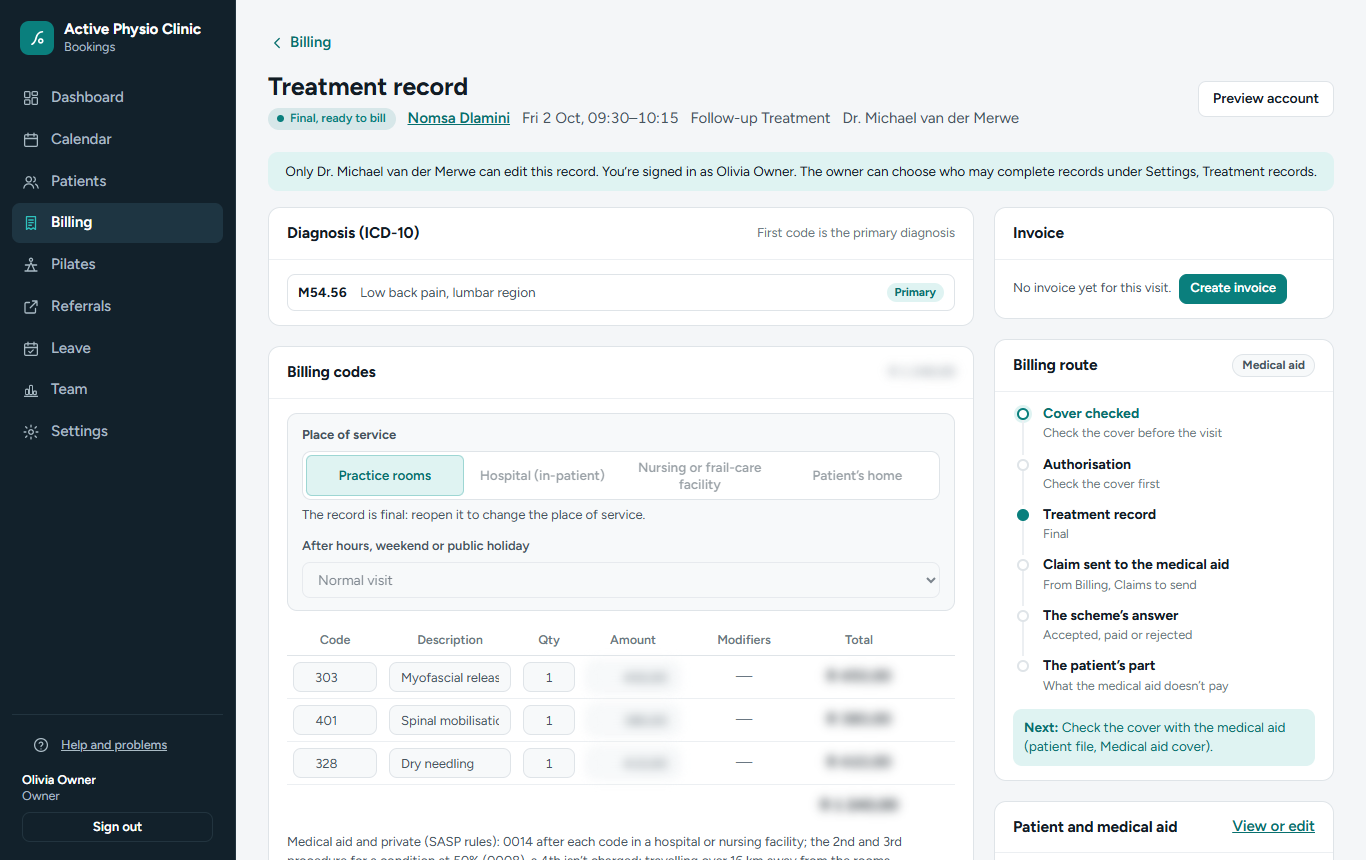 A treatment record with ICD-10 diagnosis and billing codes (amounts blurred)